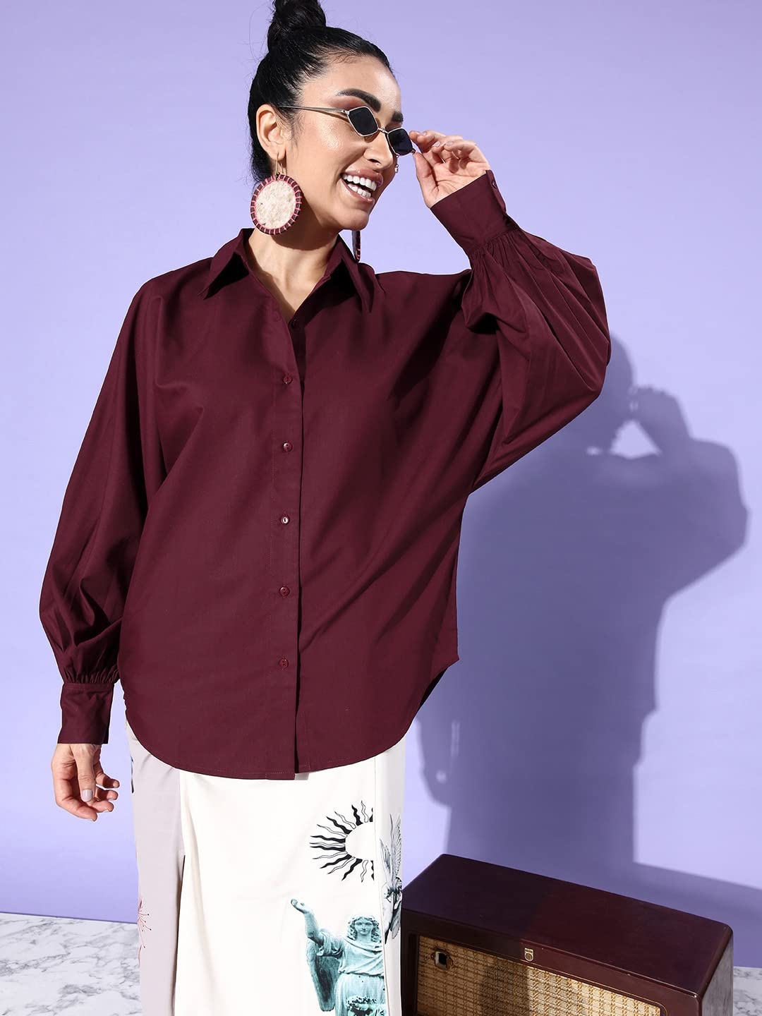 Style Quotient Women Solid Maroon Polycotton Smart Casual Oversized Shirt