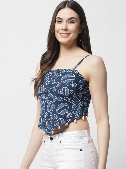 POPWINGS Casual Hankie Cotton Sustainable Bagru Print Crop Top for Women || Square Neck Crop Top for Women || Sleeveless Crop To