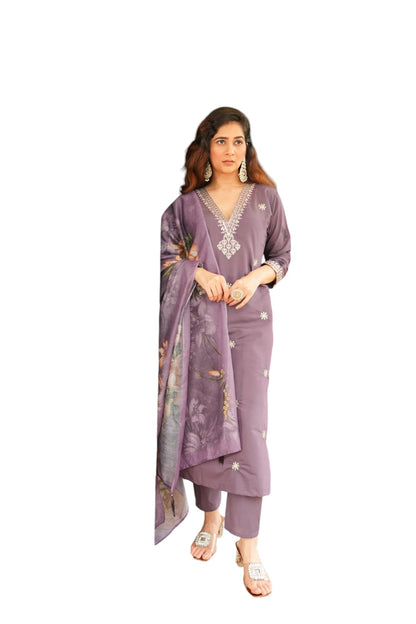 Rieka Women Embroidered Kurta Set With Floral Printed Dupatta & Straight Pant | Ethnic Wear Set For Women | Silk Blend Kurta Set