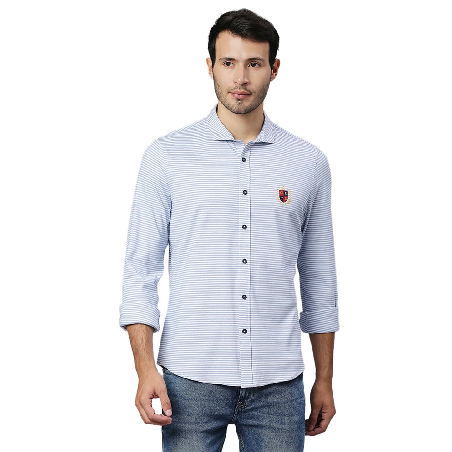 Thomas Scott Mens Solid Slim Fit Casual Shirt with Spread Collar and Full Sleeve Lt Blue