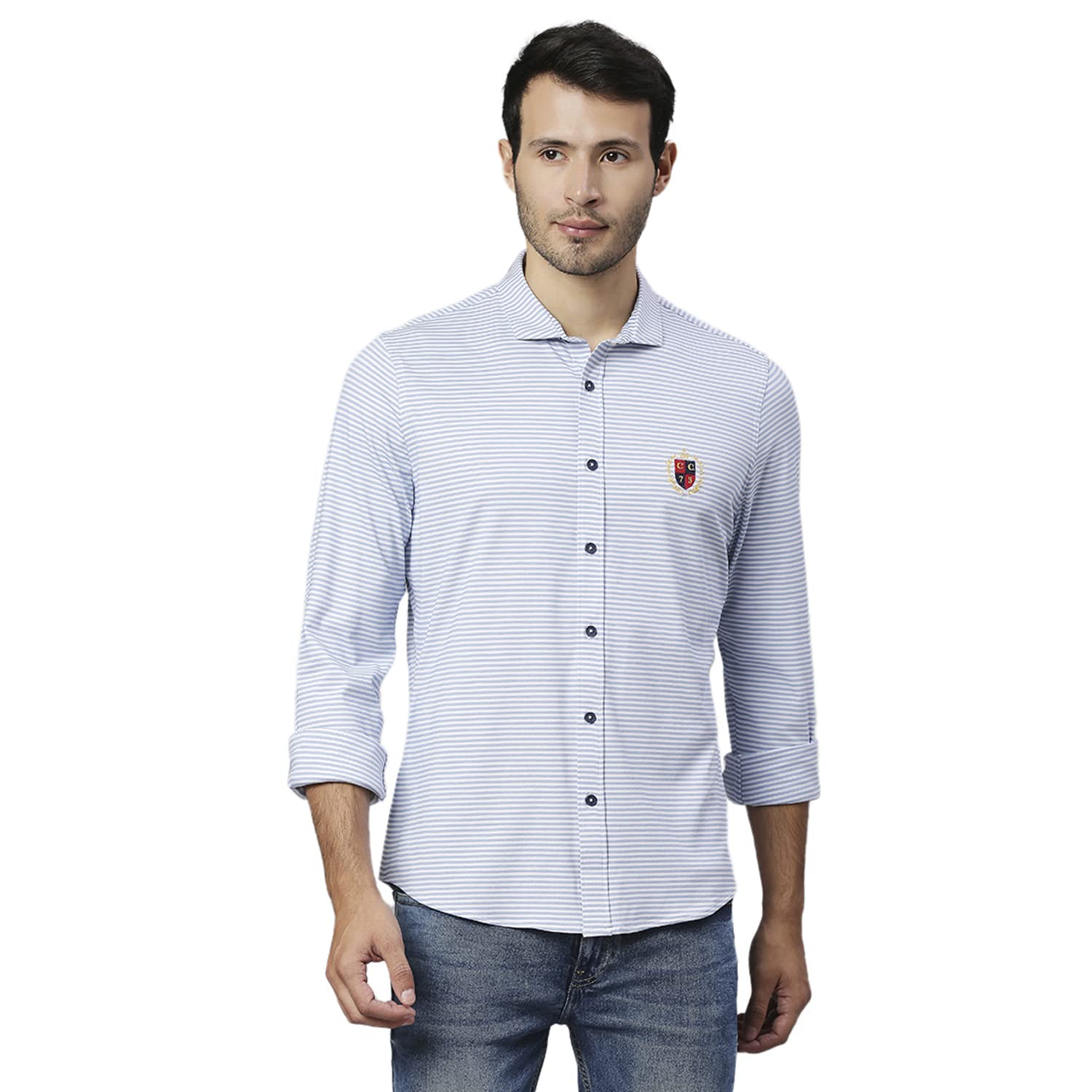 Thomas Scott Mens Solid Slim Fit Casual Shirt with Spread Collar and Full Sleeve Lt Blue