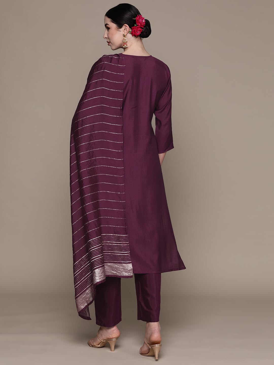 anubhutee Women's Silk Blend Embroidered Purple Straight Kurta Suit Set with Pants
