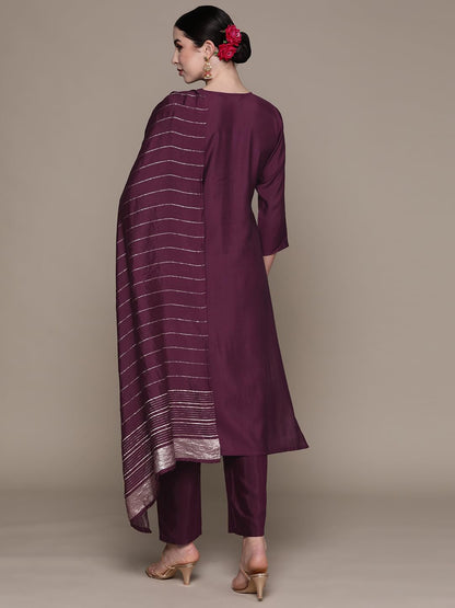 anubhutee Women's Silk Blend Embroidered Purple Straight Kurta Suit Set with Pants