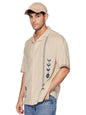 The Souled Store Bloom: Believe Men and Boys Short Sleeves Collared Neck Button Front Beige Embroidered Regular Fit Cotton Shirt