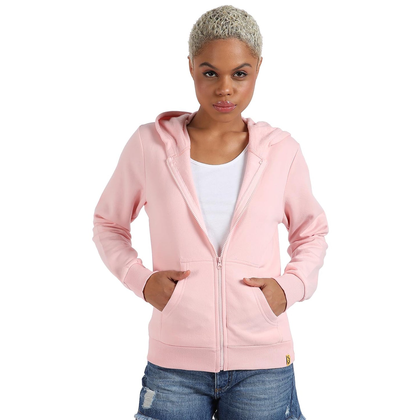 Campus Sutra Womens Light Pink Zip-Front Hoodie with Ribbed Hem for Casual Wear | Hooded Neck | Long Sleeve | Zipper Closure |
