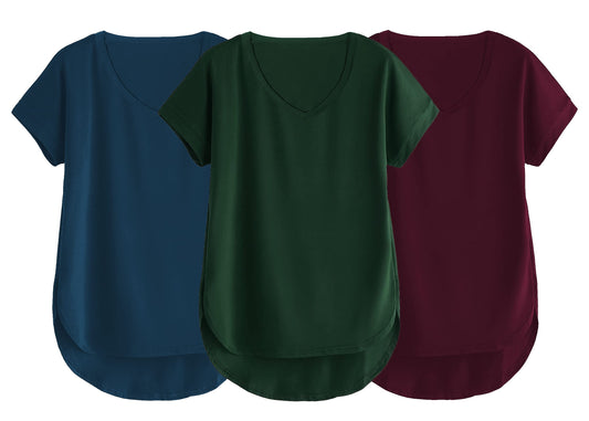 Fabricorn Combo Of Three Plain Bottle Green, Airforce Blue And Wine V-Neck Up And Down Cotton Tshirt For Women (Bottle Green, Ai