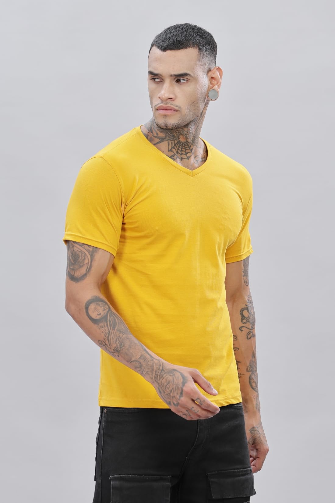 ADRO Men's V Neck Solid Cotton T-Shirt (VN-M-PLN-MU_Mustard)