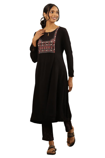 Folksong by W Women Black Festive Solid Viscose A-Line Kurta