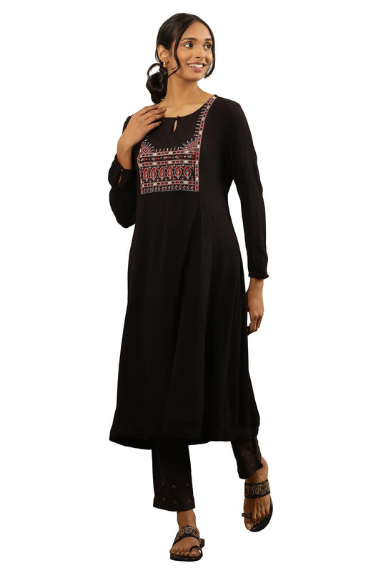 Folksong by W Women Black Festive Solid Viscose A-Line Kurta