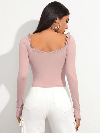 Shasmi Womens & Girls Peach Full Sleeve, Sweat Hear Neck, Frill Trim Ruched Crop Top for Women, Tops, Slim Fit T-Shirts for Gi