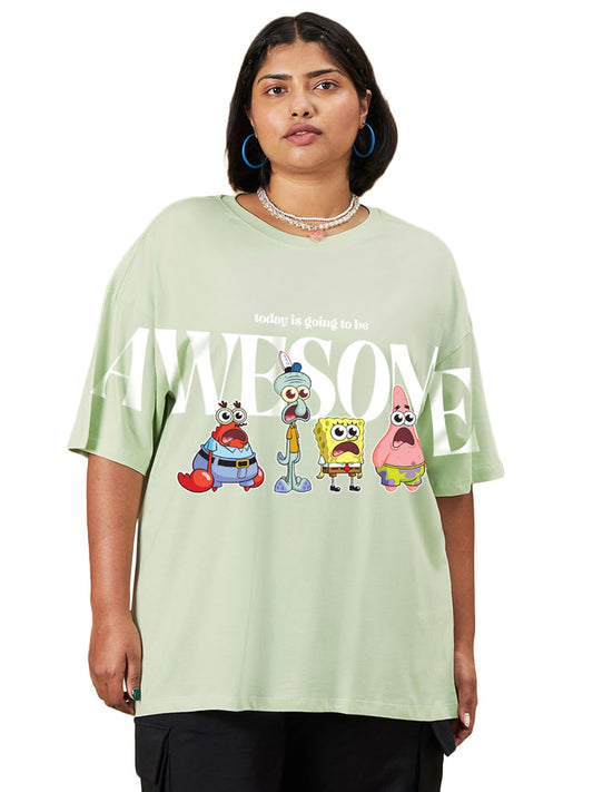 Bewakoof Official Spongebob Merchandise Women Graphic Print Oversized Fit Half Sleeve Round Neck Cotton Jersey Plus Size Tshirt_