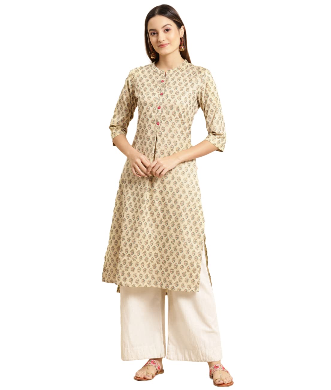 rangita Beige Cotton Flex Calf Length Printed Straight Kurti for Women | Kurta for Women