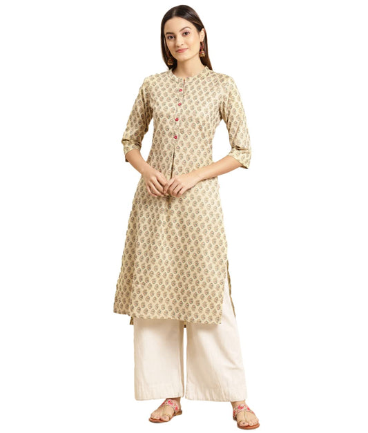rangita Beige Cotton Flex Calf Length Printed Straight Kurti for Women | Kurta for Women