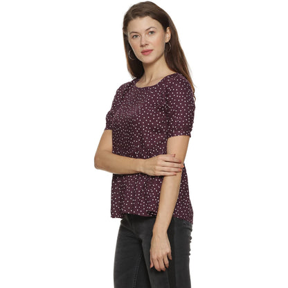 Campus Sutra Womens Maroon Polka Dot Print Top for Casual Wear | Crew Neck | Short Sleeve | Polyester Top Crafted with Regular