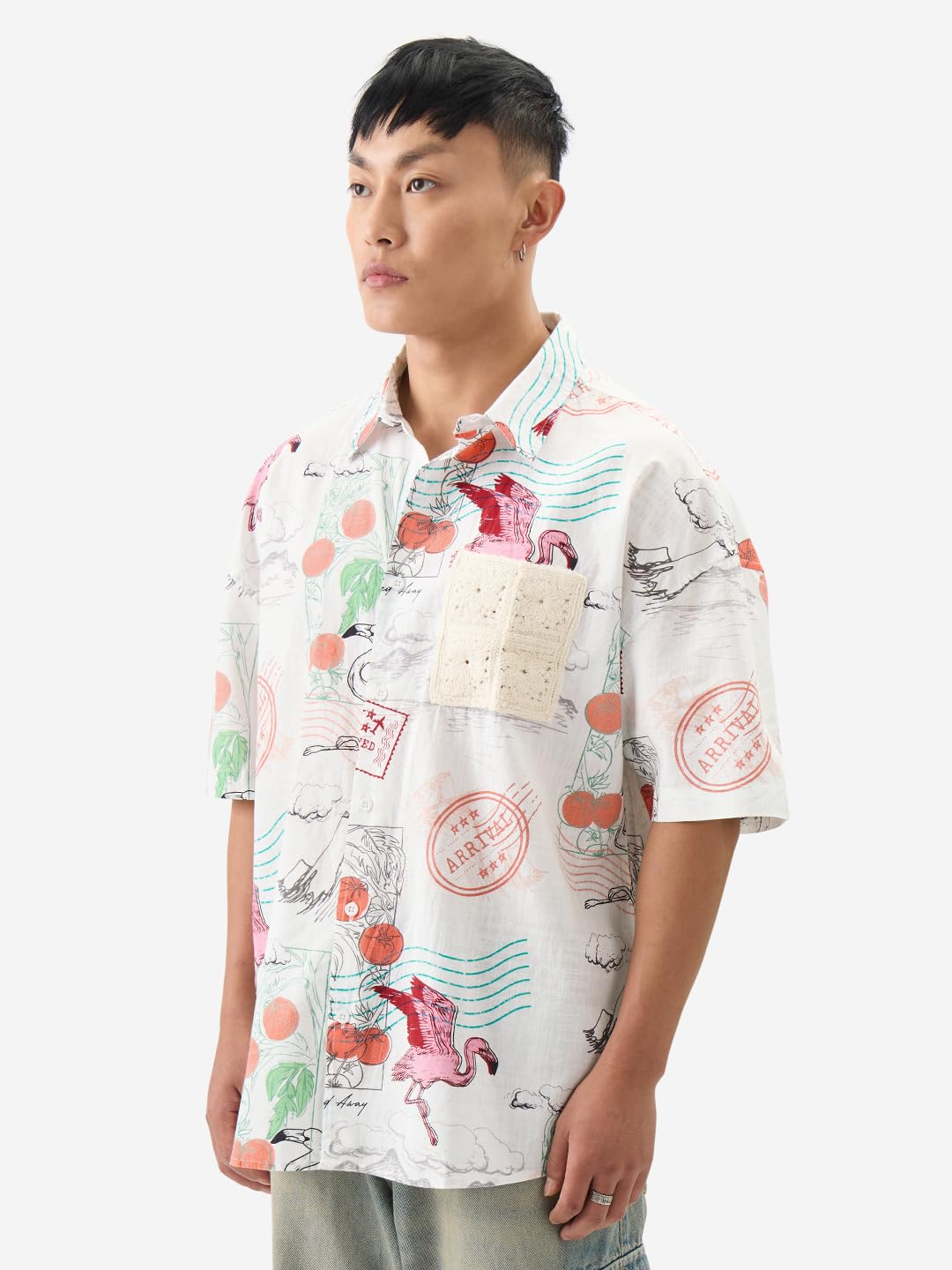 The Souled Store Travel Away Men and Boys Short Sleeve Collared Neck Button Front White Printed Cotton Oversized Shirts