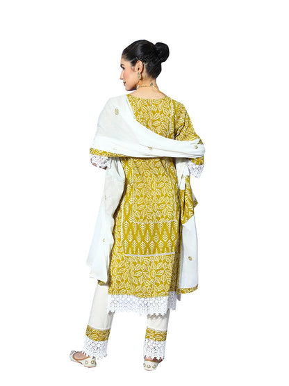 ishin Women's Cotton Olive & Off White Embroidered A-Line Kurta set With Trouser and Dupatta