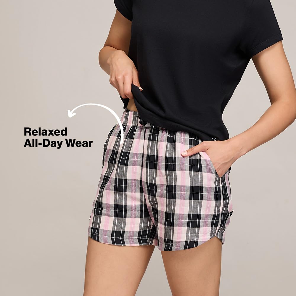 NYKD (NYS914 Checked Pure Cotton Shorts for Women | Relaxed Fit with Non Slip Elasticated Waistband, Adjustable Drawcord & 2 Sid