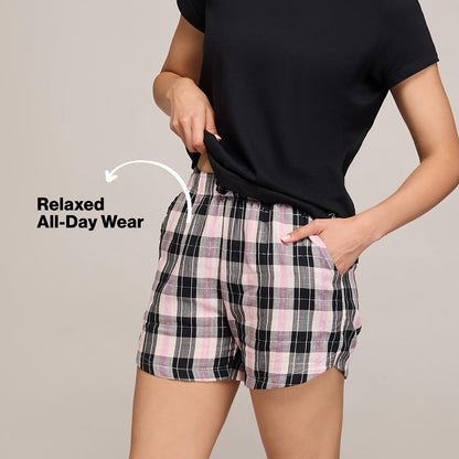 NYKD (NYS914 Checked Pure Cotton Shorts for Women | Relaxed Fit with Non Slip Elasticated Waistband, Adjustable Drawcord & 2 Sid
