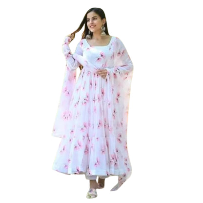 Anveri Textiles WomenS Georgette Umbrella Dress With Full Sleeve U Neck Floral Printed Fit-Flared Anarkali Style Kurta With Dup