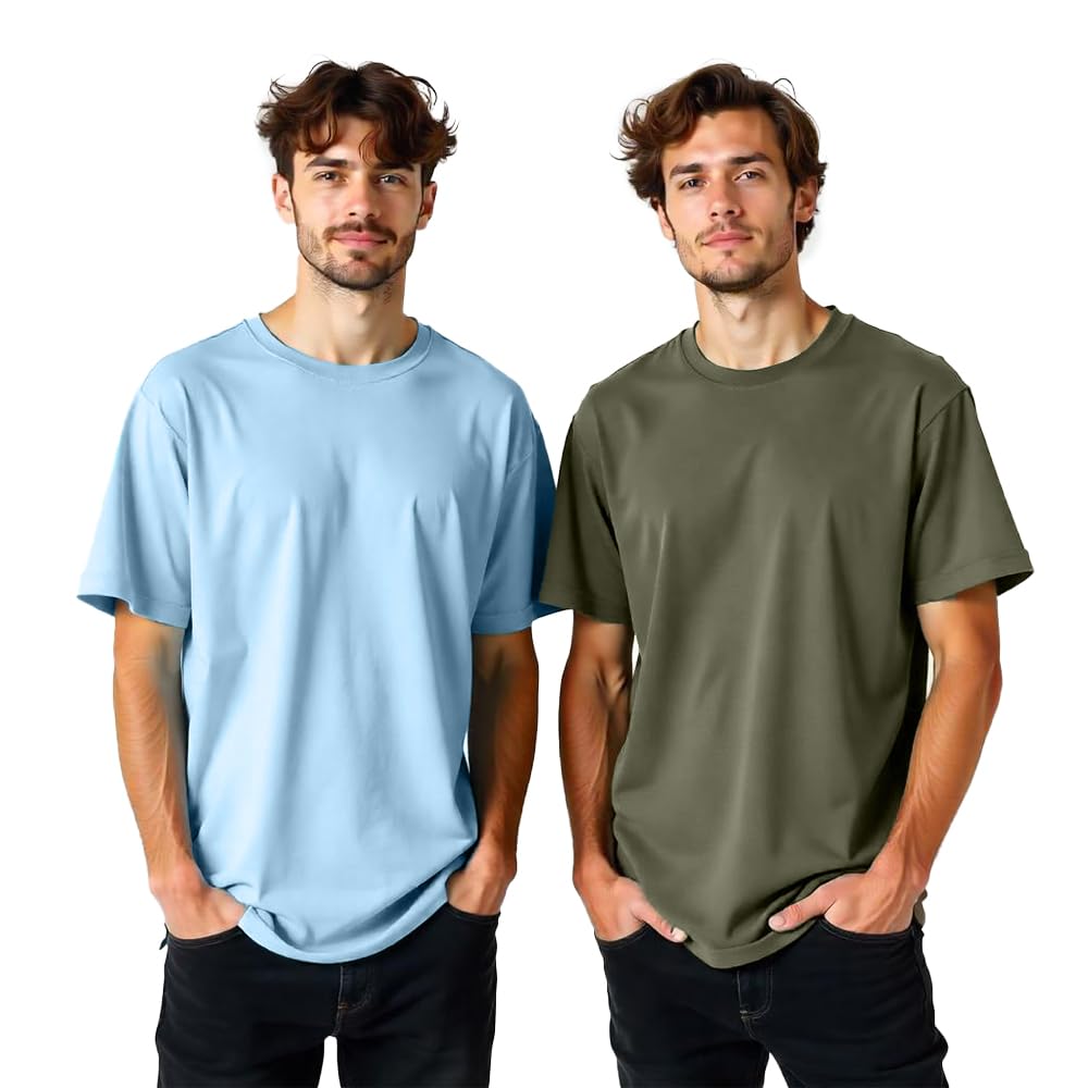 Nobero MenS Solid Oversized Fit T-Shirt (1M-Twrt-R0002_Powder Blue/Olive