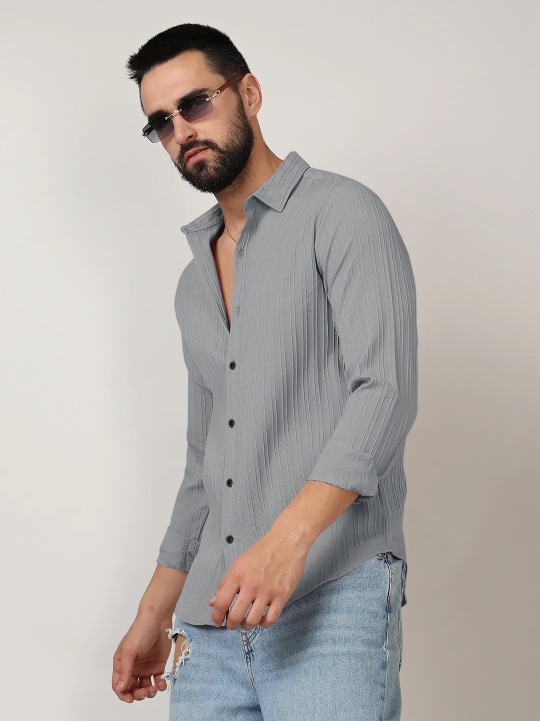 Finivo Fashion MenS Casual Cotton Plain Button Down Shirts Long Sleeve Textured Summer Beach Shirt For Men Grey