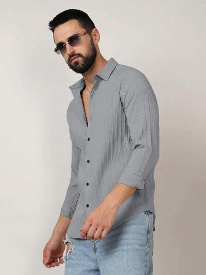 Finivo Fashion MenS Casual Cotton Plain Button Down Shirts Long Sleeve Textured Summer Beach Shirt For Men Grey