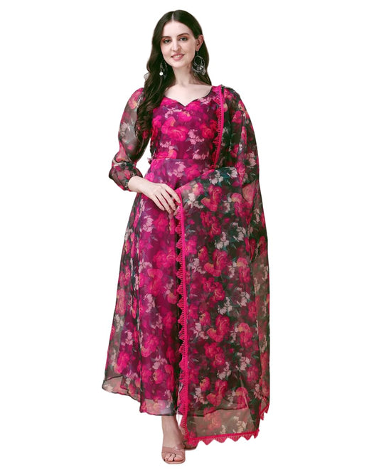 Fashion Basket Women Floral Print V Neck Anarkali Kurta with Pant and Dupatta
