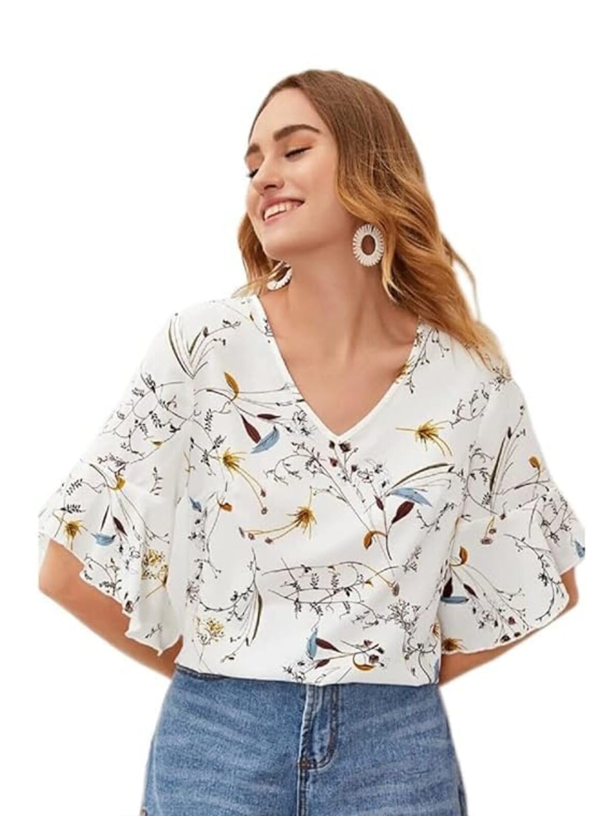 OM SAI LATEST CREATION Womens Plain Crepe with Ruffle Sleeve Design on HaOSLC-Sleeve Regular Fit Office wear,Casual wear Top (X