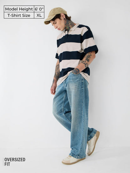 The Souled Store Textured Stripes: Riviera Men and Boys Short Sleeves Collared Neck Oversized Cotton Zipper Polos