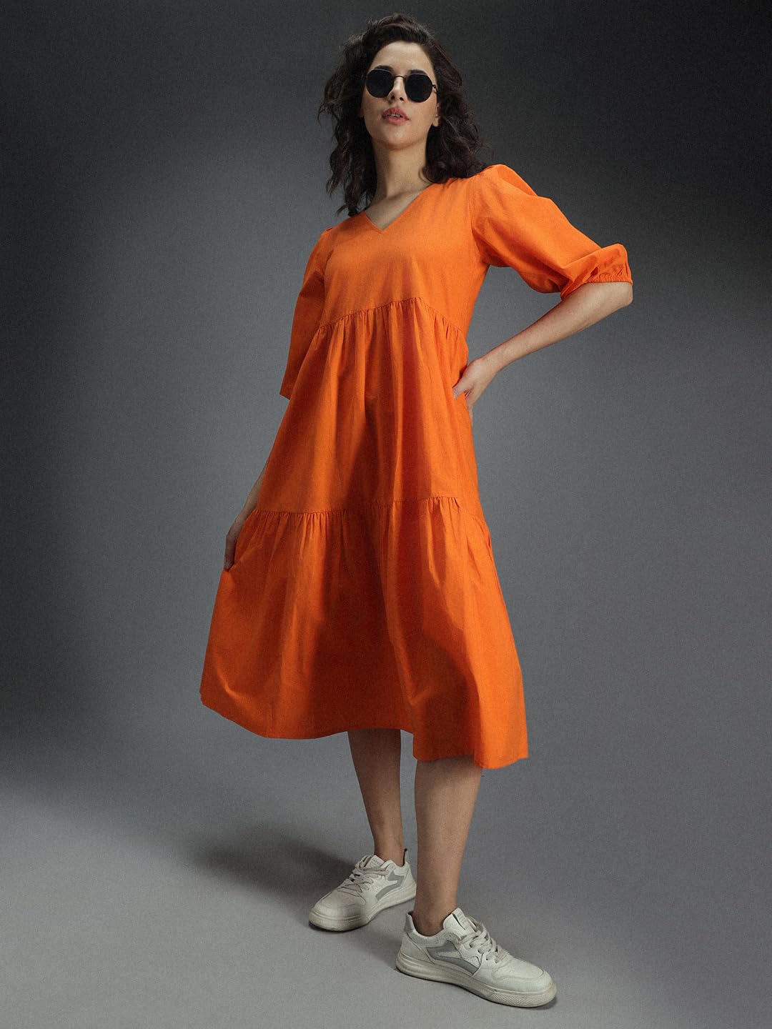 High Star Women'S Cotton Pleated Maxi Casual Dress (Hswdrs23005_Or_Orange