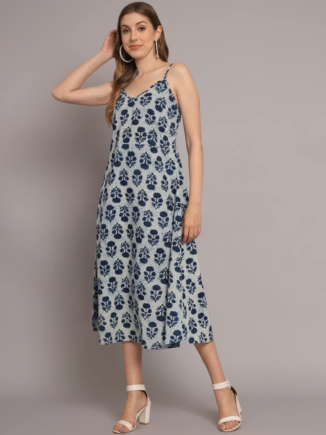 Peppyzone Women'S Handblock Printed Sleeveless Shoulder Strip Cami Dress