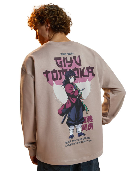 The Souled Store Demon Slayer: Giyu Men and Boys Round Neck Beige Graphic Printed Cotton Lightweight All-Season Full Sleeves Ove