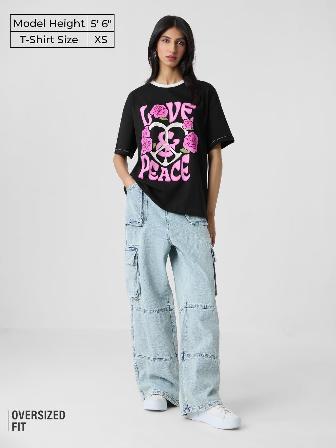 The Souled Store Peace & Love Women and Girls Short Sleeves Round Neck Black Graphic Printed Cotton Oversized T-Shirts