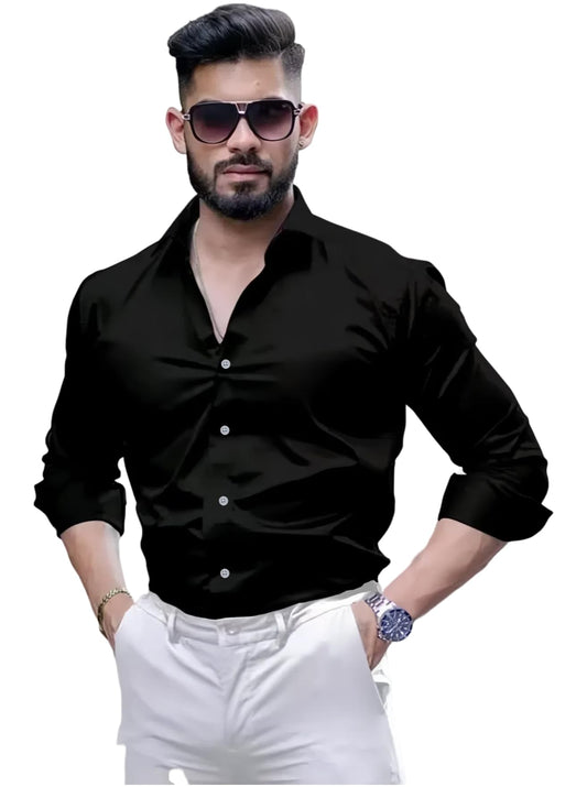 Indoprimo MenS Cotton Shirt With Spread Collar Neck Line Solid Pattern Full Sleeves Regular Fit And Standard Length Black