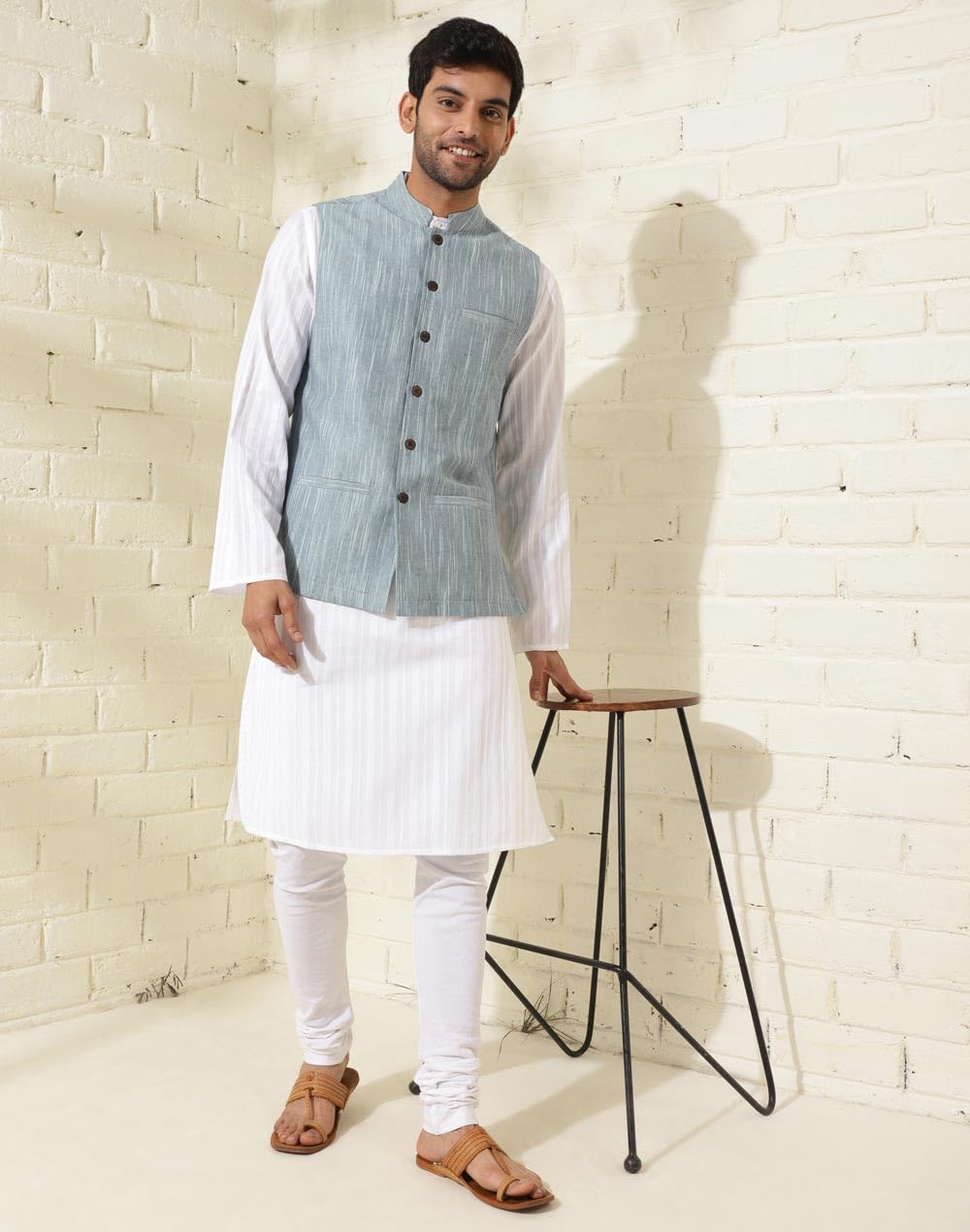 Fabindia Men's Blue Cotton Woven Nehru Jacket (1035990BLUE