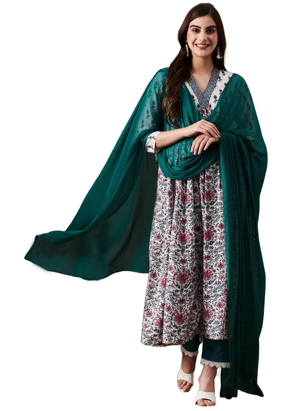ANNI DESIGNER Cotton Women s Casual Style Kurta with Trousers & Dupatta, White, XL