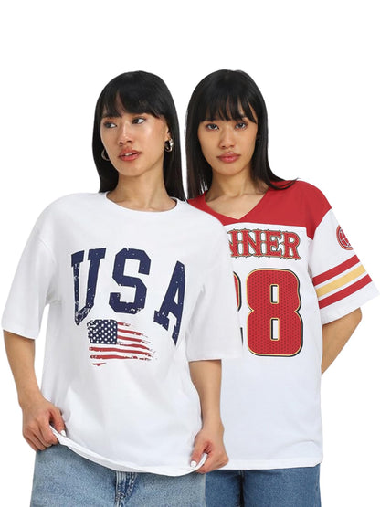 Juneberry 100% Pure Cotton Oversized Loose Baggy Fit Drop Shoulder Cool Graphic Prinred Half Sleeve T-Shirts For Women & Girls (