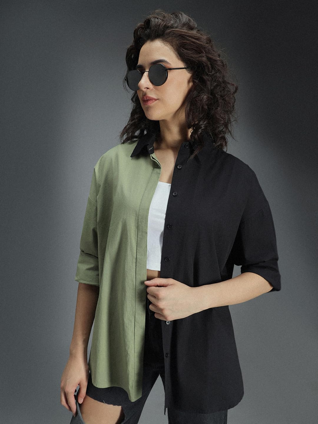 High Star Classic Oversized Colourblocked Spread Collar Long Sleeves Cotton Casual Shirt