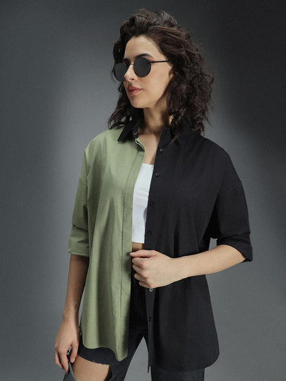 High Star Classic Oversized Colourblocked Spread Collar Long Sleeves Cotton Casual Shirt