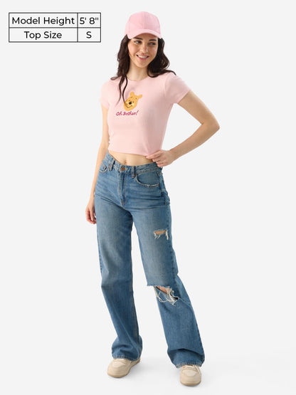 The Souled Store Official Winnie The Pooh: Blush Bear Women and Girls Short Sleeves Round Neck Slim Fit Ribbed Cropped Tops