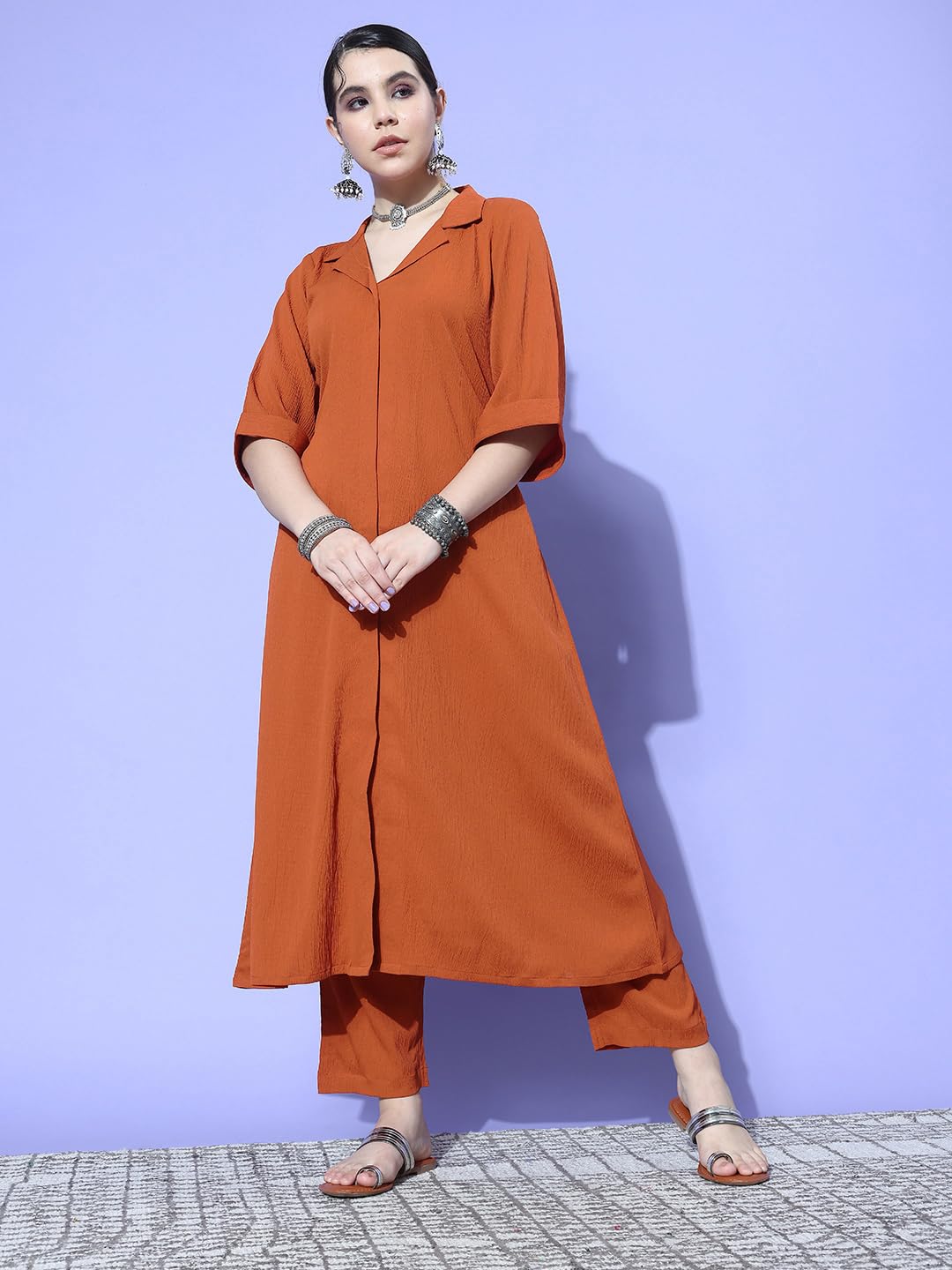 Varanga Women Rust Shirt Collar Neck A-Line Kurta Paired With Tonal Bottom  Elegant & Comfortable Ethnic Wear For Women