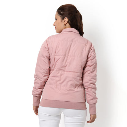 Campus Sutra Women Pink Puffer Regular Fit Bomber Jacket For Winter Wear | Standing Collar | Full Sleeve | Buttoned | Casual Jac