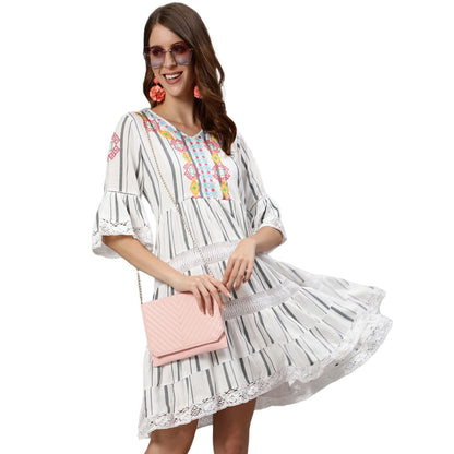 Ishin WomenS Rayon White Embroidered A-Line Dress