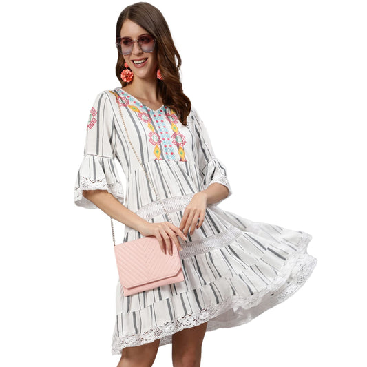 Ishin WomenS Rayon White Embroidered A-Line Dress
