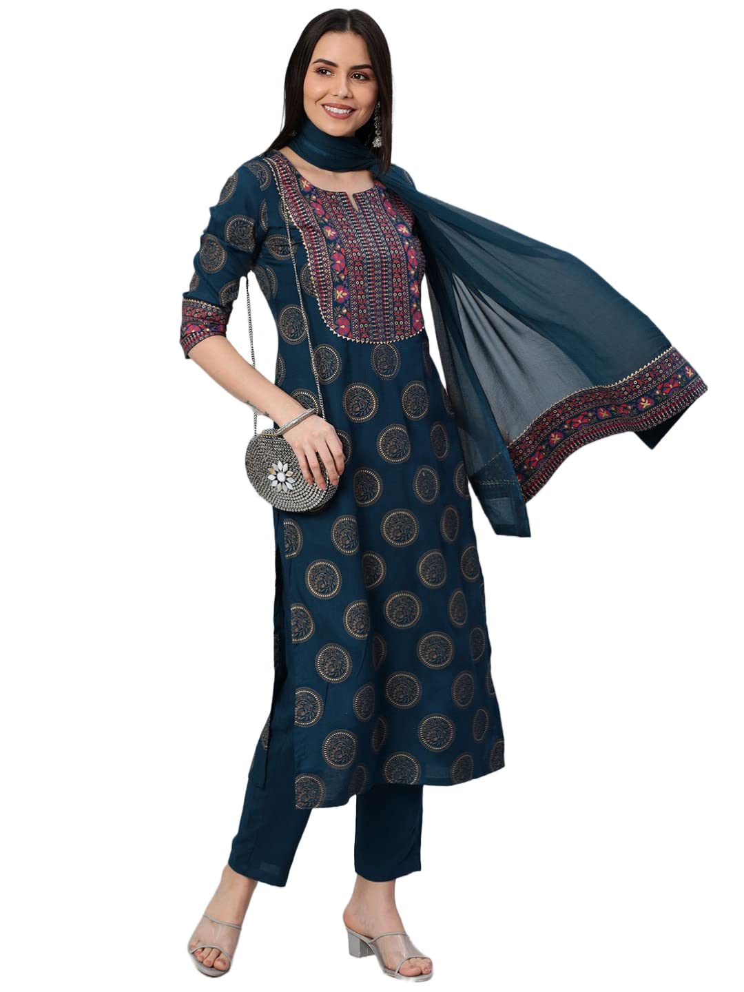 Gosriki WomenS Cotton Blend Printed Straight Kurta With Pant & Dupatta (Nov-Rama-Gs_L_Rama_Large)