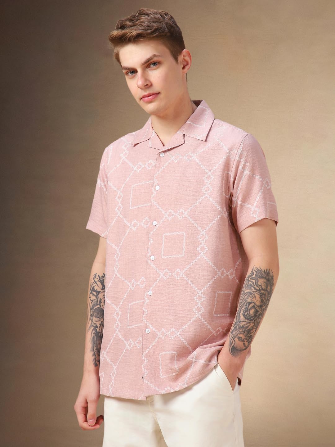 Dennis Lingo Pink Printed Polyester Relaxed-Fit Half-Sleeve Shirt For Men