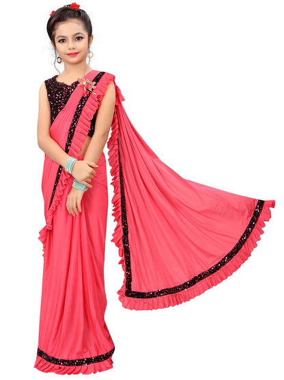 Dhyey fashion Girls Lycra Blend Ruffle Pattern Saree With Velvet Unstitched Blouse Piece