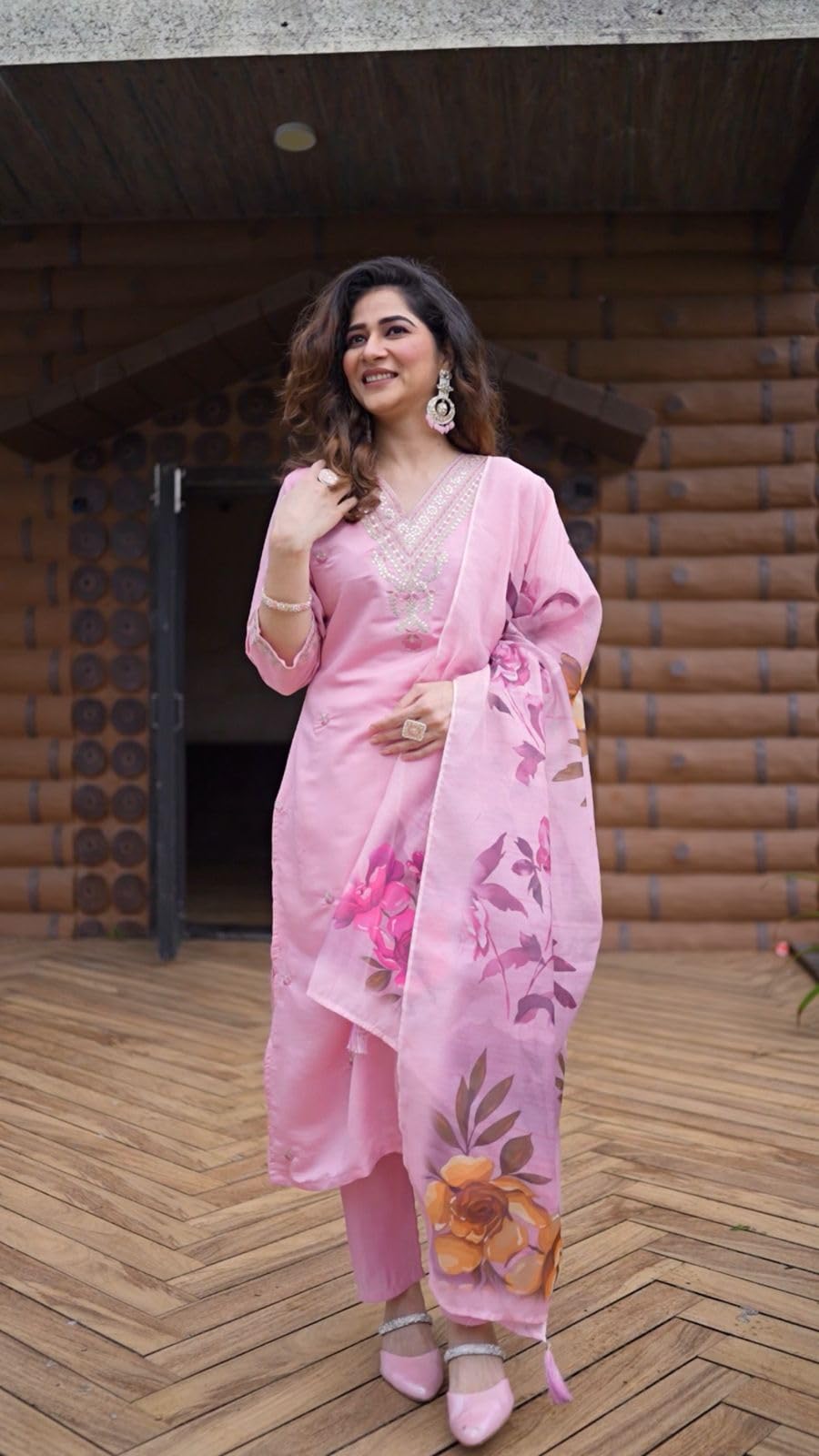 Rieka Women Embroidered Kurta Set With Floral Printed Dupatta & Straight Pant | Ethnic Wear Set For Women | Silk Blend Kurta Set