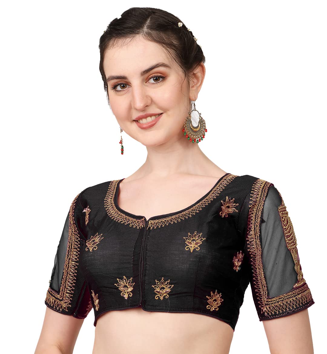 Pujia Mills WomenS Multicolor Temple Embroidery Net Back Sequence Khatli Work Sleeves Design Phantom Silk Readymade Saree Blous