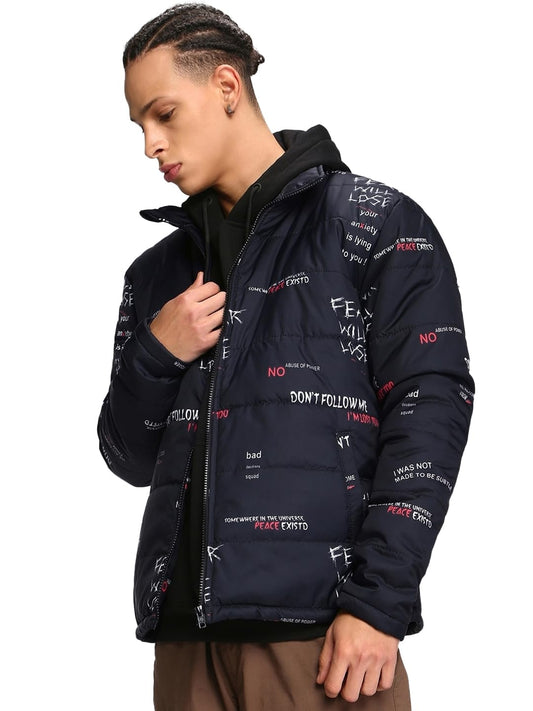 Bewakoof MenS Aop Oversized Fit Full Sleeve Stand Collar Nylon Puffer Jacket_498982_Black_Xl
